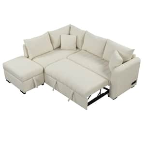 82.6 in. L Shaped Jacquard Fabric Sectional Sofa Bed in Beige with Ottoman, 2 USB Ports and Power Sockets