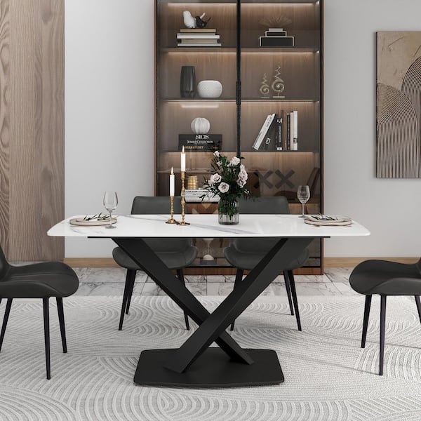 62.99 in. White Rectangle Sintered Stone Tabletop Dining Table with Pedestal Black Carbon Steel Base (Seats-6)