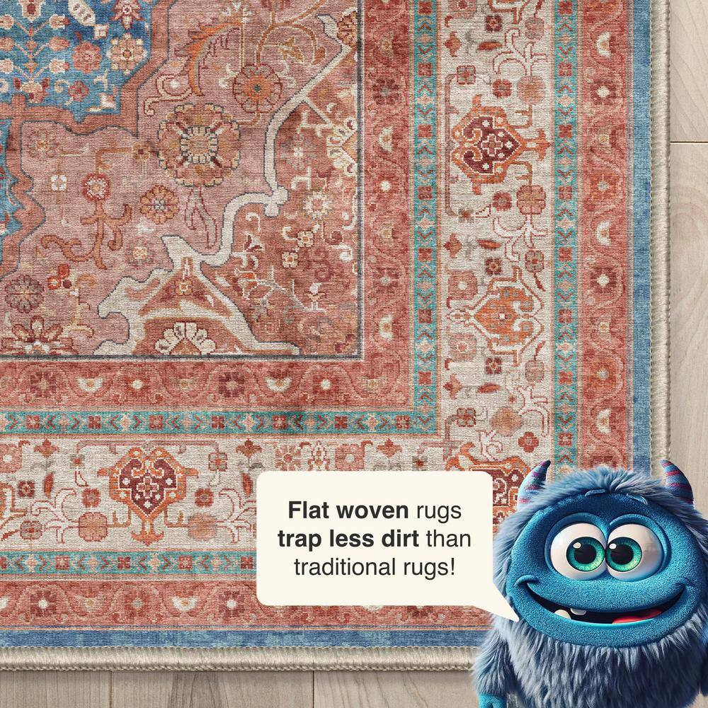Blue Red 8' x 10' Chenille Oriental Washable Area Rug