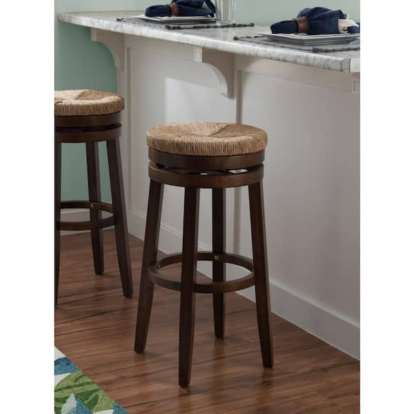 Linon Home Decor Marley 31 in. Seat height Walnut Brown Backless wood frame Barstool with seagrass seat