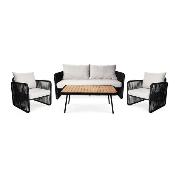 Unbranded Panorama Black Wicker Patio Conversation Set with Grey Cushions
