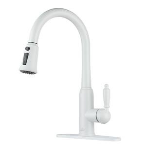 3-Spray Patterns Single Handle Pull Down Sprayer Kitchen Faucet with Deckplate and Water Supply Hoses in Matte White