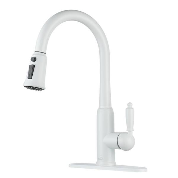 Boyel Living 3-Spray Patterns Single Handle Pull Down Sprayer Kitchen Faucet with Deckplate and Water Supply Hoses in Matte White