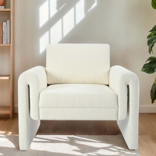Unbranded Ivory Boucle Modern Accent Chair Armchair Comfy Upholstered Lounge Chairs Reading Chair With Sturdy Support