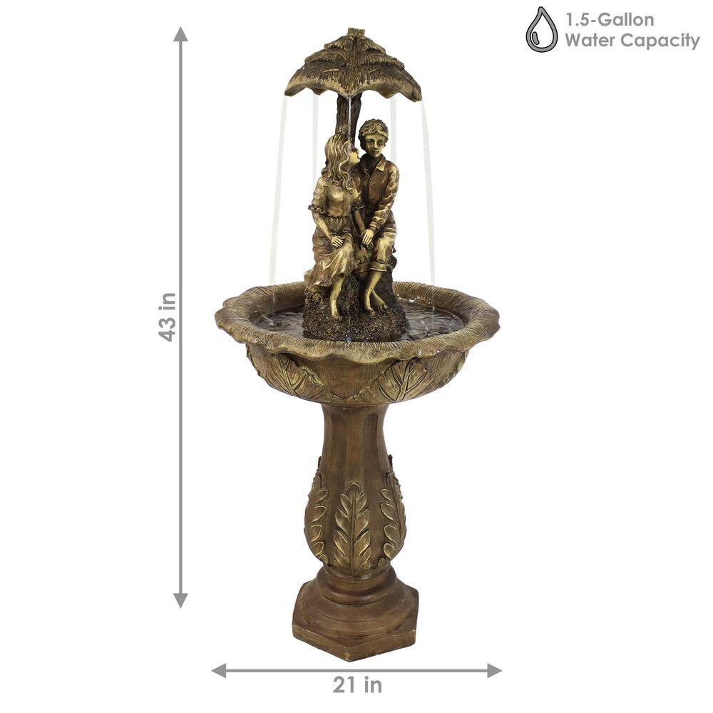 Brown Polyresin Solar Powered Lovers Umbrella Water Fountain with LED Lights