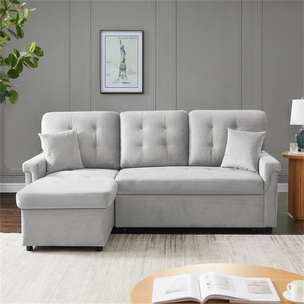 Seafuloy 86 6 In Gray Velvet Reversible Sectional Sofa With Pull Out