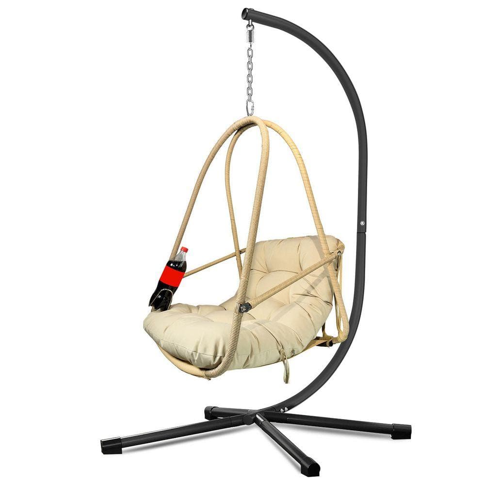 Brown Wicker Patio Swing with Beige Cushion