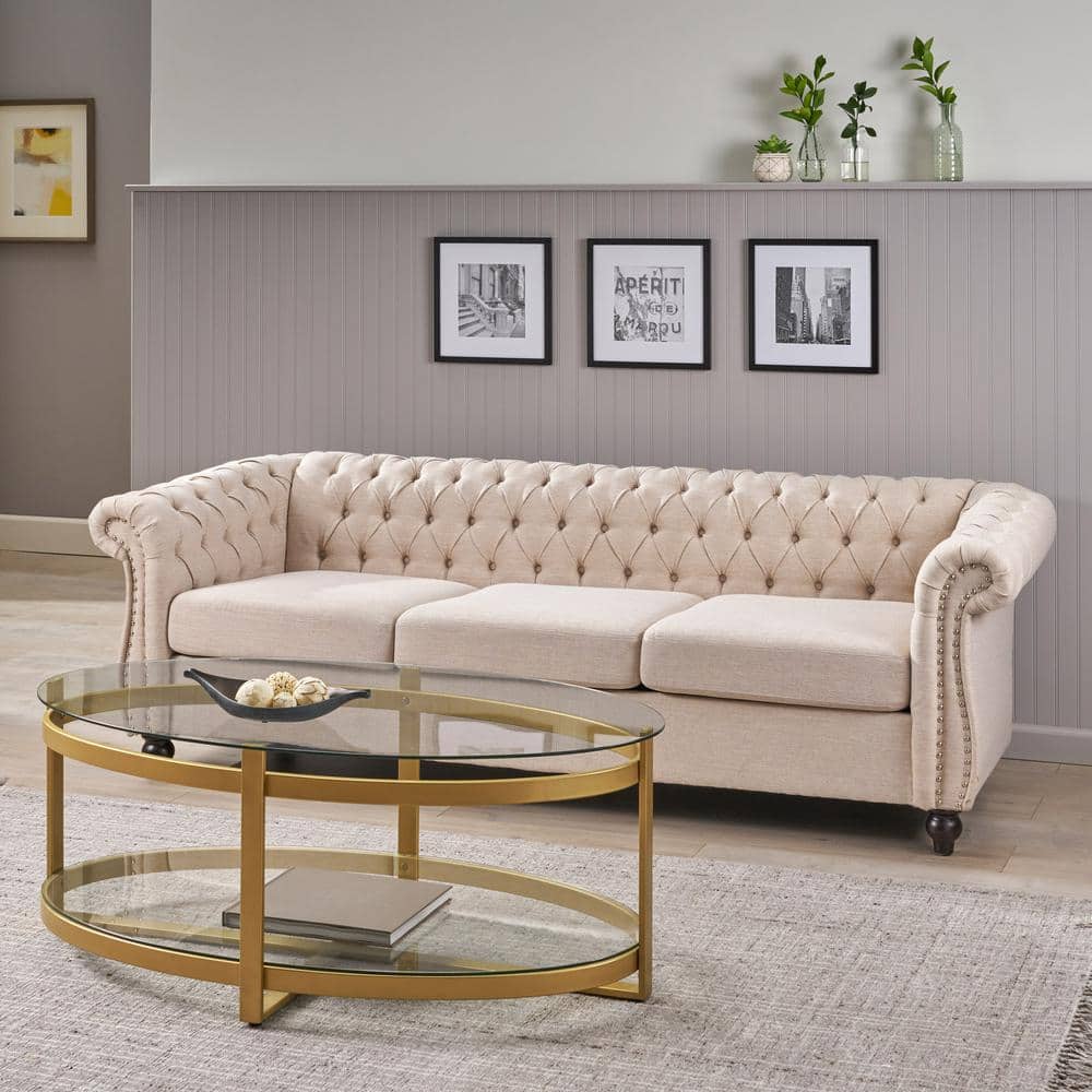 competition Prey Centimeter Noble House Parksley 84.75 in. Beige Solid Fabric 3-Seat Chesterfield Sofa  with Removable Cushions 70571 - The Home Depot