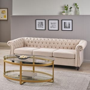 Parksley 84.75 in. Beige Solid Fabric 3-Seat Chesterfield Sofa with Removable Cushions