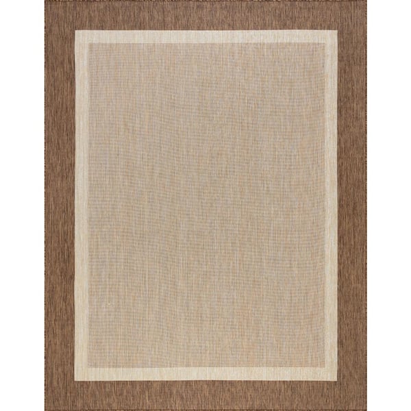 Tayse Rugs Eco Solid Border Brown 8 ft. x 10 ft. Indoor/Outdoor Area Rug