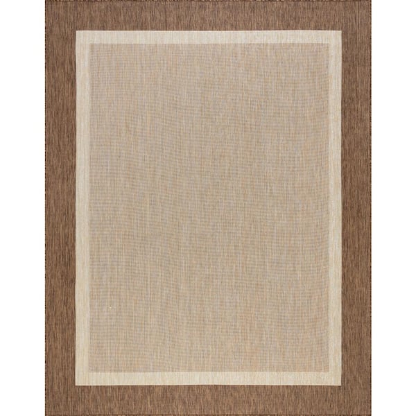 Tayse Rugs Eco Solid Border Brown 8 ft. x 10 ft. Indoor/Outdoor Area Rug