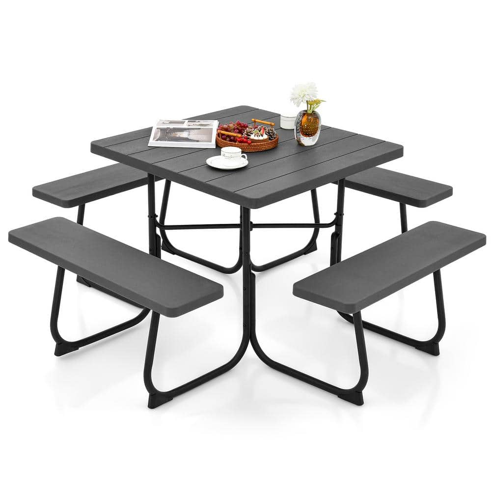 HONEY JOY 67 in. Black Square Steel Outdoor Picnic Table Bench Set
