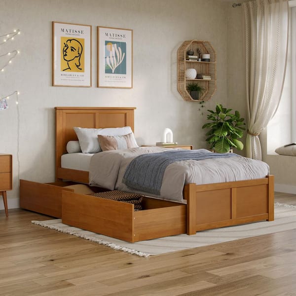 Madison Light Toffee Natural Bronze Solid Wood Frame Twin XL Platform Bed with Footboard and Storage Drawers