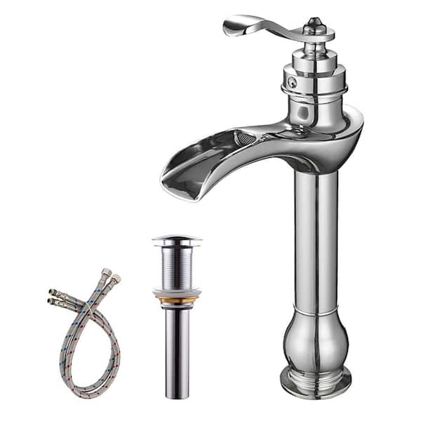 Unbranded Single Handle Single Hole Waterfall Bathroom Vessel Sink Faucet with Pop-Up Drain Assembly Included in Polished Chrome