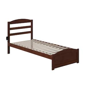 Warren 38-1/4 in. W Walnut Twin Extra Long Solid Wood Frame with Footboard and USB Device Charger Platform Bed