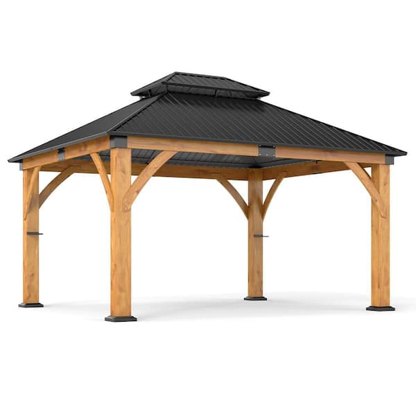 13 ft. x 15 ft. Outdoor Spruce Wood Frame Gazebo, Double Galvanized Steel Roof Hardtop Gazebos for Patio, Backyard