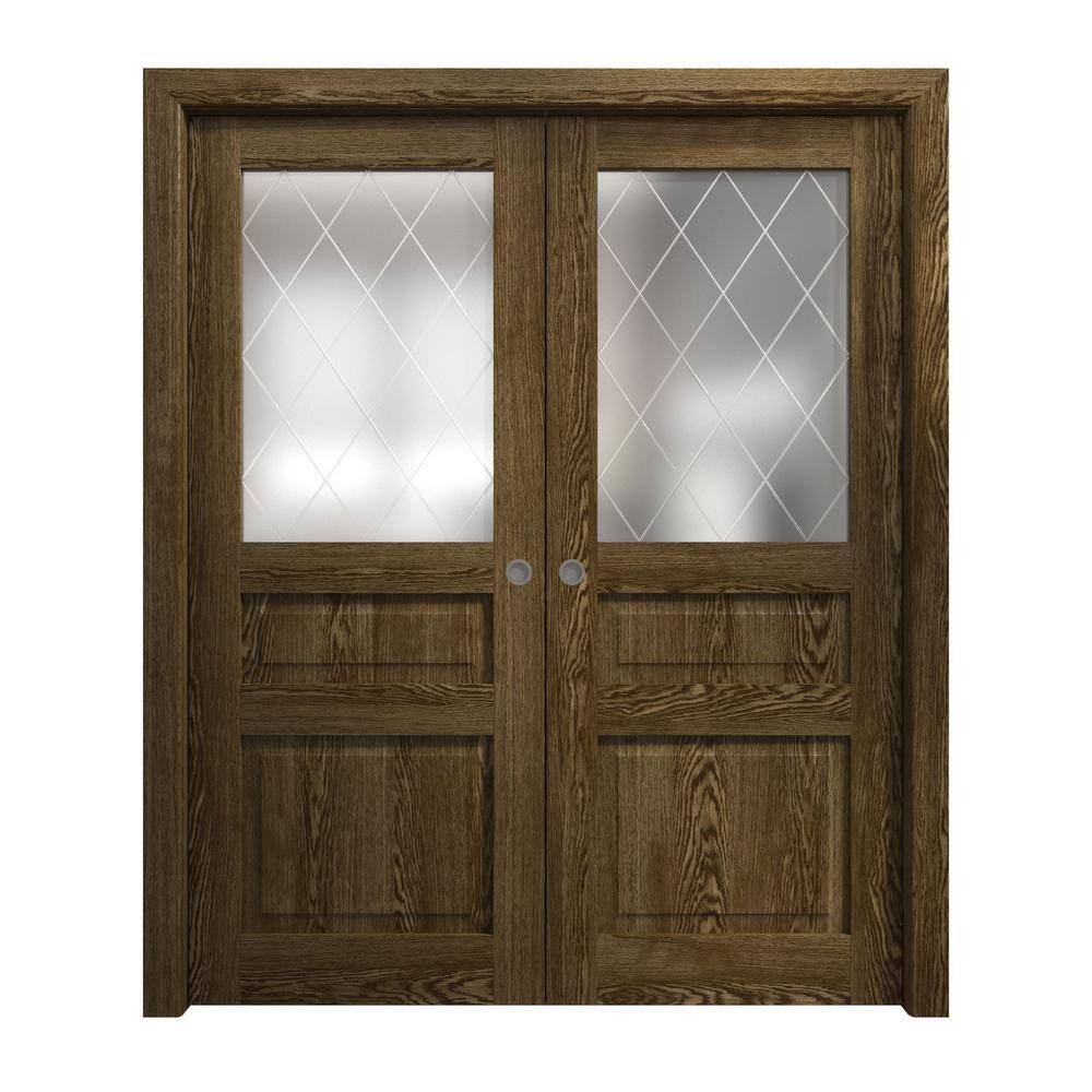 64 in. x 80 in. Frosted Glass Marble Oak Solid Wood Double Pocket Doors With Hardware price history on PriceWatchPro