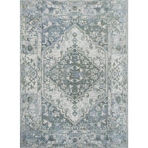 Pavel Light Gray/Blue 3 ft. x 5 ft. Distressed Medallion Low-Pile Machine-Washable Area Rug