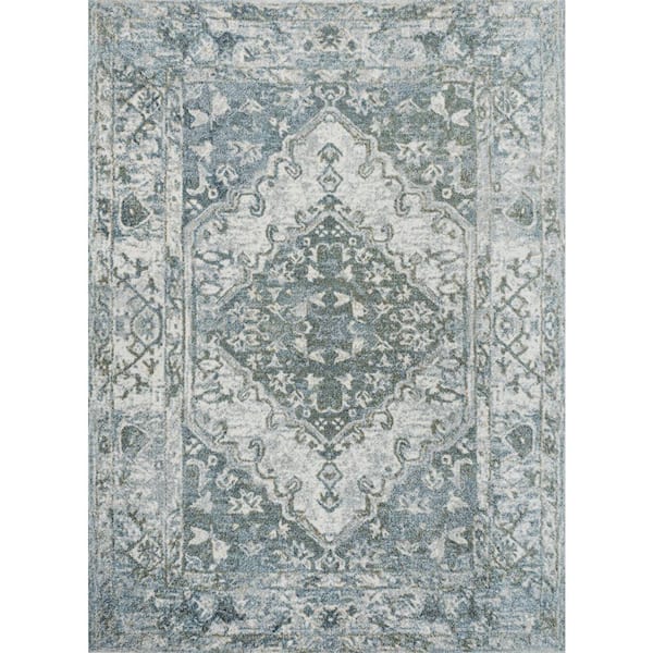 Pavel Light Gray/Blue 3 ft. x 5 ft. Distressed Medallion Low-Pile Machine-Washable Area Rug