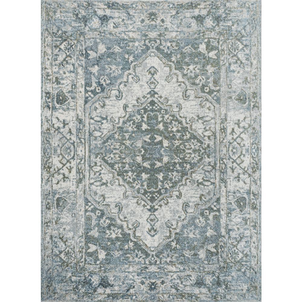Pavel Light Gray and Blue Synthetic Medallion Washable Area Rug