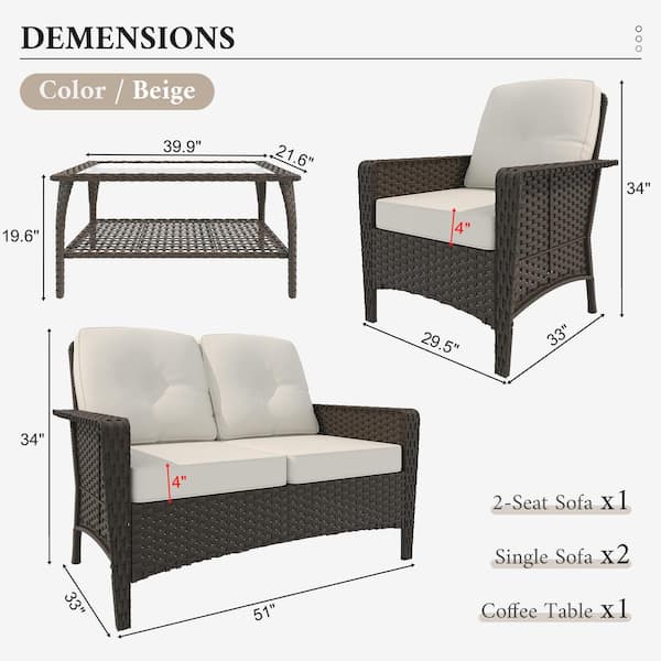 4-Piece Wicker Patio Conversation Set with Beige Cushions and Glass-Top Coffee Table