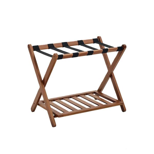 Brown Bamboo 26.77 in. Luggage Racks for Guest Room with 5 Nylon Straps & Storage Shelf, Holds up to 165 lbs. (Set of 2)