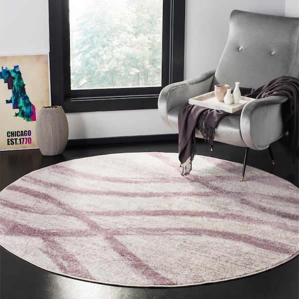 Adirondack Cream/Purple 6 ft. x 6 ft. Waves Round Area Rug