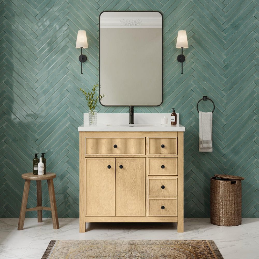 Rian 36 in. Single Freestanding Scandinavian Oak with Matte Black Trim Bath Vanity with Giotto Quartz Top price history on PriceWatchPro