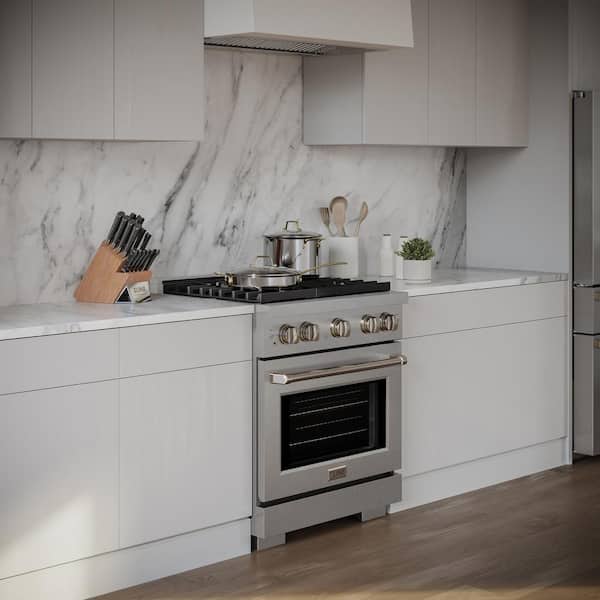 30 in. Paramount Dual Fuel Range with 4 Burner Gas Cooktop and Electric Convection Oven in Satin Stainless Steel