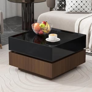 2-Tier Multi-functional Black and Brown Square Swivel Coffee Table with 2 Drawers, Storage for Living Room