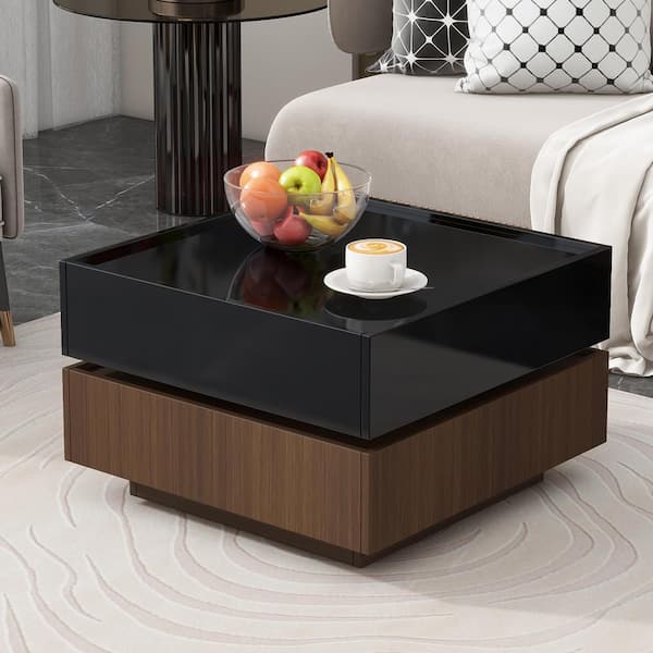 Zeus & Ruta 2-Tier Multi-functional Black and Brown Square Swivel Coffee Table with 2 Drawers, Storage for Living Room