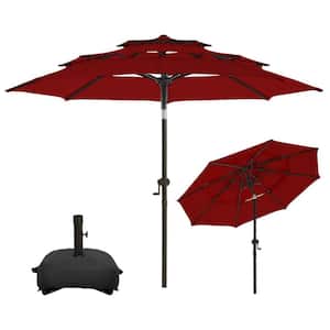9 ft. 3 Tiers Aluminum Outdoor Market Patio Umbrella with Push Button Tilt and Base in Burgundy
