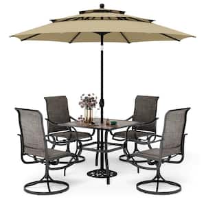Black 6-Piece Metal Square Patio Outdoor Dining Set with Wood Finish Table, Umbrella and Textilene Swivel Chairs