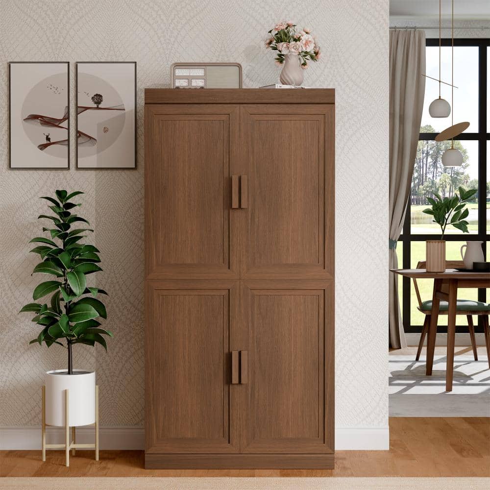Walnut Wood 62 in. H Storage Cabinet with Adjustable Shelves for Living Room Kitchen and Bedroom