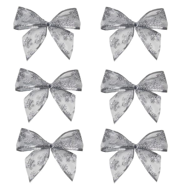 Sheer Snowflake 2-Loop Christmas Bow Decorations - 5.5 in. Silver - Pack of 6