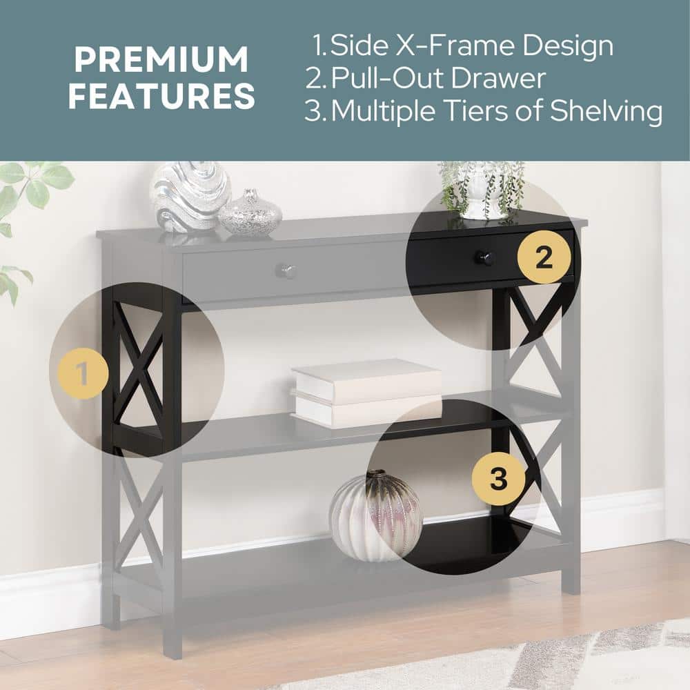 Oxford Transitional Black Wood Console Table with Drawer and Shelves