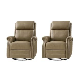 Sonia Transitional Taupe 30.5 in. Wide Genuine Leather Manual Rocking Recliner w/ Metal Base and Rolled Arms (Set of 2)