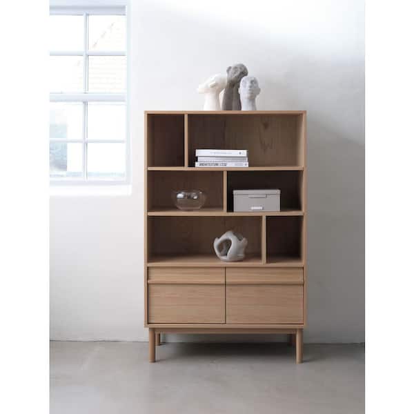 55 in. Tall Natural Wood 4-Shelf Accent Bookcase with Lower Cabinet and Adjustable Shelves