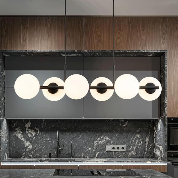 HUOKU Raquel 6-Light 35.4 in. W Matte Black Chandelier with Opal Glass Linear Modern Chandelier for Kitchen Island