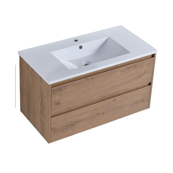 Unbranded 35.87 in. x 18 in. x 20.5 in. Bathroom Vanity in Imitative Oak with 2/3-Soft Close Drawers