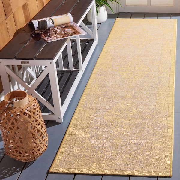 Courtyard Beige/Gold 2 ft. x 8 ft. Medallion Floral Border Indoor/Outdoor Runner Rug