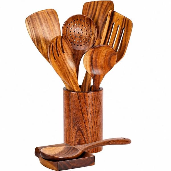 Natural Teak Wood 9-Pieces Kitchen Utensil Set with Spoon Rest and Utensils Holder for Cooking, Baking and Food Prep