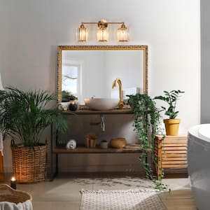 Modern Cylinder Bathroom Vanity Light 24 in. 3-Light Plating Brass Wall Light with Crystal Glass Strips