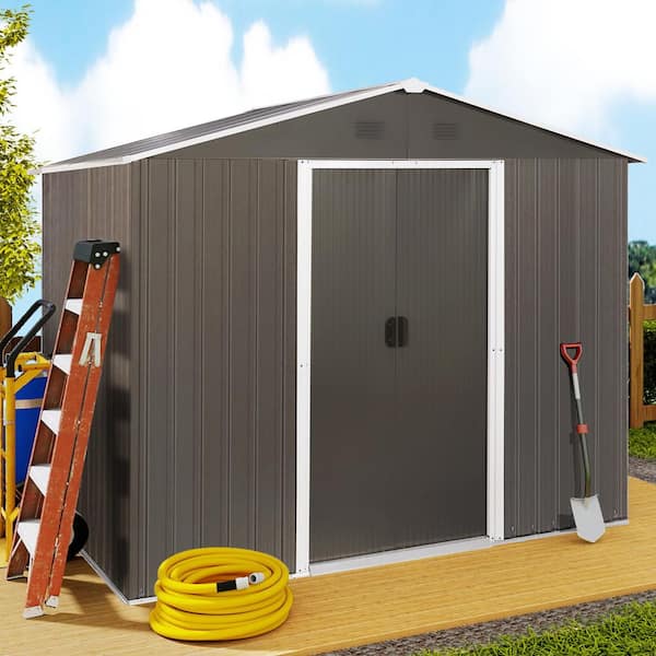 7.7 ft. D x 5.3 ft. W Metal Storage Shed Outdoor Tool House Room with Foundation, Gray (39 sq. ft.)