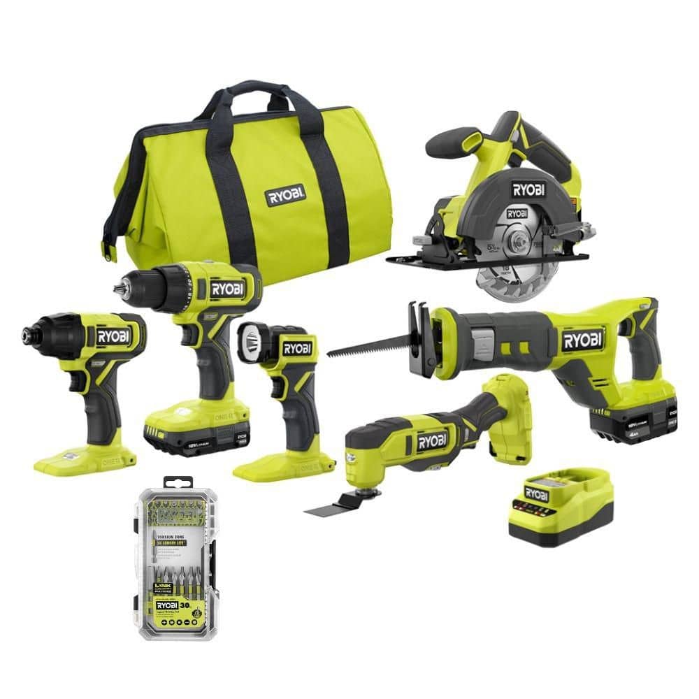 Ryobi ONE+ 18V Cordless 6-Tool Combo Kit w/ (2) Batteries, Charger & Impact Rated Driving Set (30-Piece)