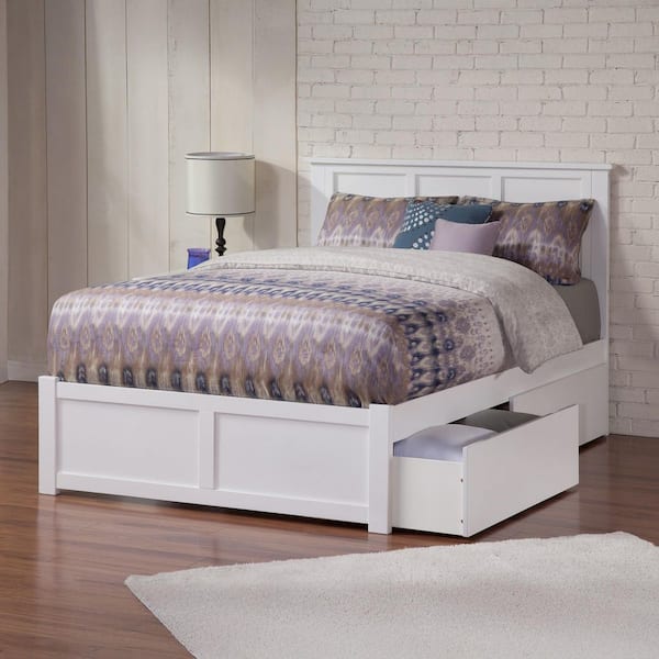 Madison White Full Solid Wood Storage Platform Bed with Flat Panel Foot Board and 2 Bed Drawers