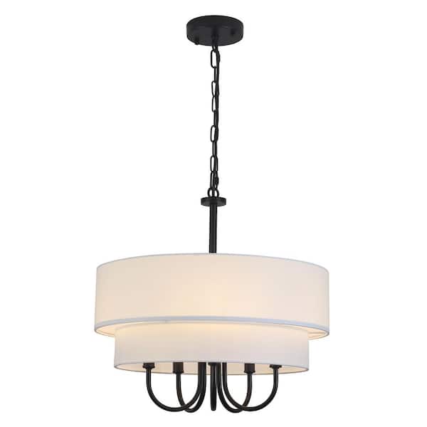 LWYTJO 18 in. 5-Light Matte Black Modern Candle Chandelier with White Fabric Tiered Drum Shape for Dining Room Bedroom Foyer
