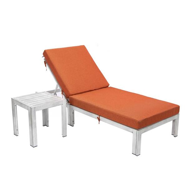 Leisuremod Chelsea Modern Weathered Grey Aluminum Outdoor Patio Chaise Lounge Chair with Side Table and Orange Cushions