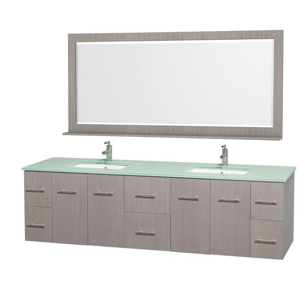 Wyndham Collection Centra 80 in. Double Vanity in Grey Oak with Glass Vanity Top in Aqua and Square Porcelain Under-Mounted Sinks