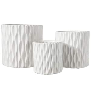 White Round Ceramic Pot with Wavy Pattern Body (Set of 3)